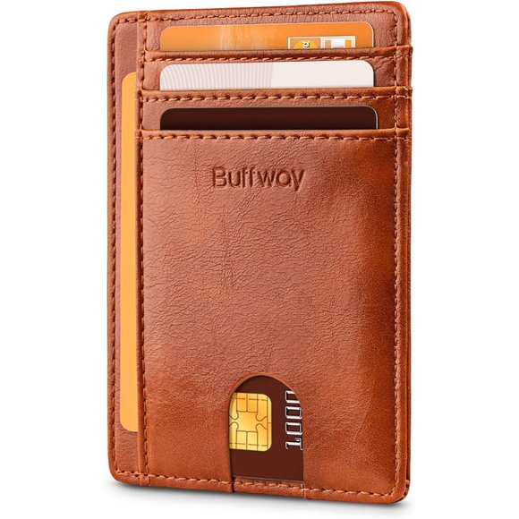 Buffway Slim Minimalist Front Pocket Leather Wallets for Men and Women Brown - Picture 1 of 7